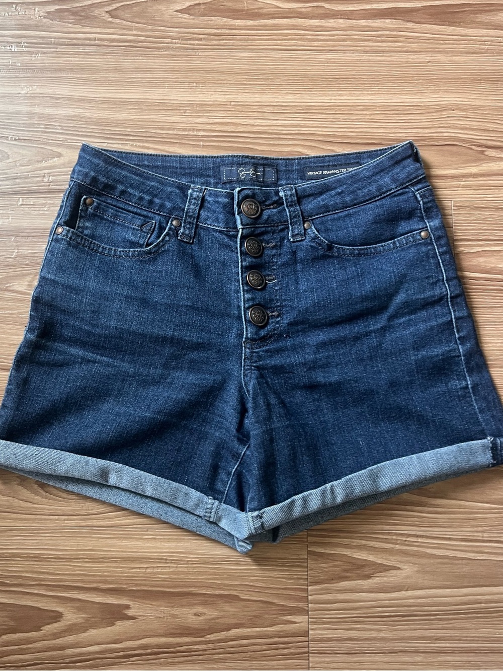 Jessica Simpson High-Rise Dark Blue Denim Shorts with Button Front